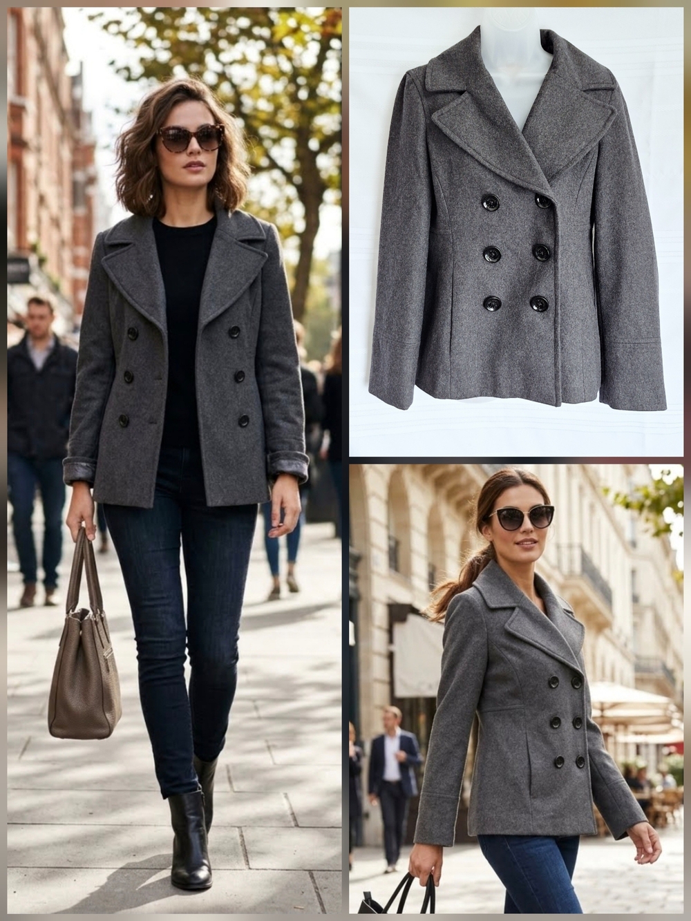 💙MICHAEL Michael Kors Classic Double-Breasted Wool-Blend Gray Peacoat 🤍Small